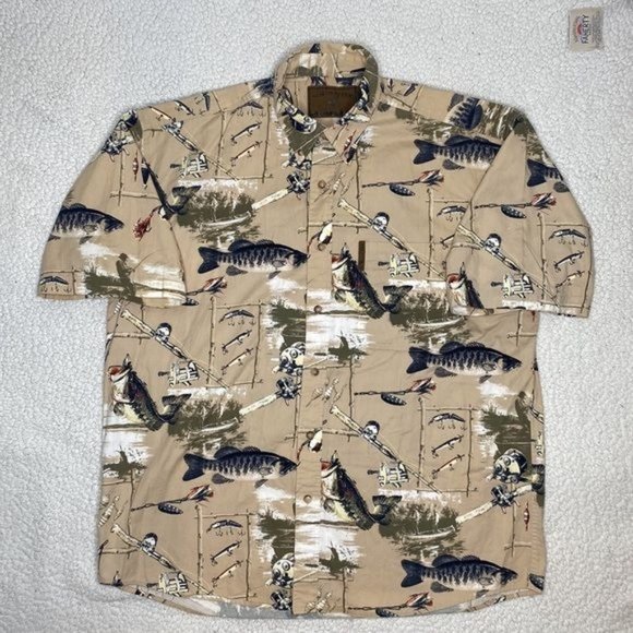 North River Outfitters Fishing AOP Short Sleeve Button Down Shirt: Size Large - Picture 1 of 9
